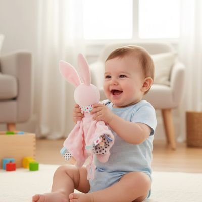 Bébé s'amuse avec doudou bebe 