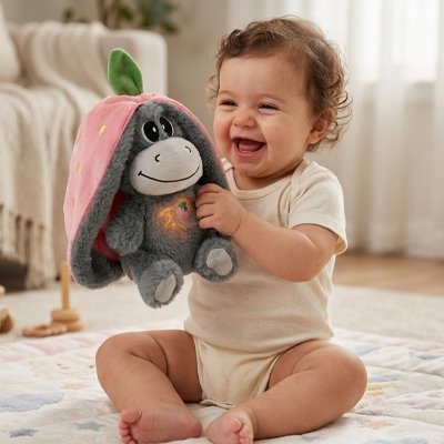 Bébé sourit à peluche qui respire
