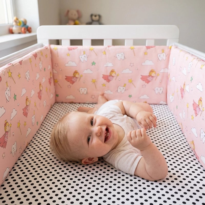 Bébé sourit dans tour de lit aur de lit