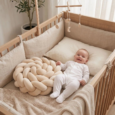 bebe sourit touchant tresse de lit bebe