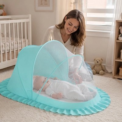 Bébé sous moustiquaire lit bebe à côté de maman