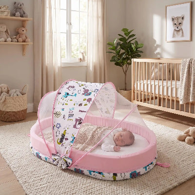 bebe sous son joli lit toile pour bebe