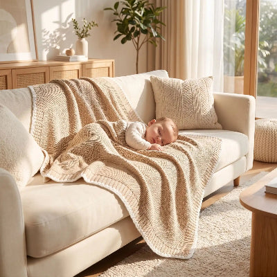 Bébé sur canapé couvert avec couverture nouveau né personnalisée kaki