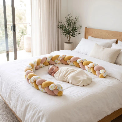 Bébé sur lit parents avec tresse de lit pour bébé
