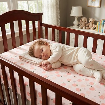 Bébé sur lit protégé par drap housse lit bebe 