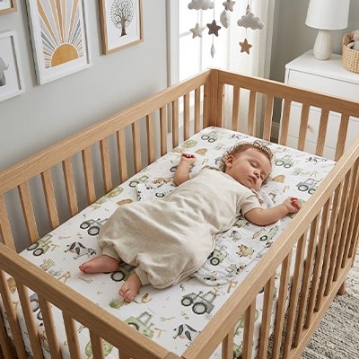 Bébé sur matélas protégé avec drap housse lit bébé 