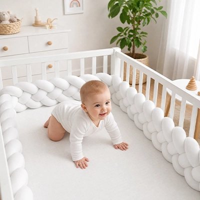 Bébé sur ses génoudans lit entouré tour de lit tressé