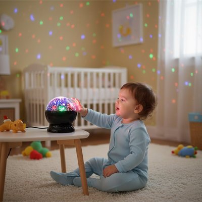 bébé touchant le projecteur enfant 