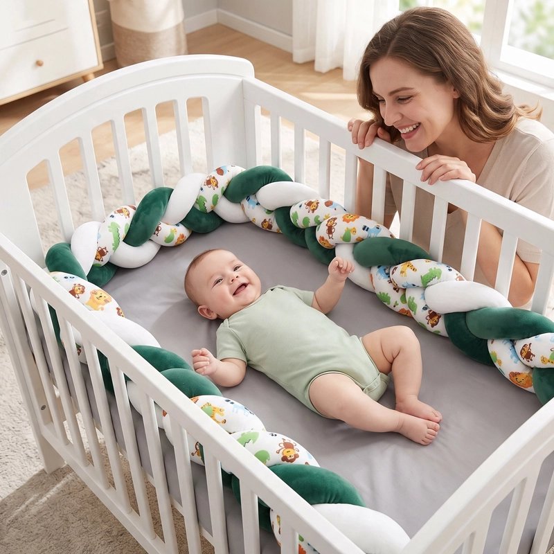 Bébé tout heureux dans lit avec tresse de lit bébé