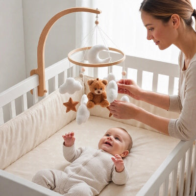 Bébé très heureux de voir son mobile bébé