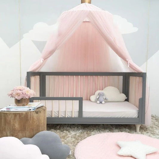 ciel de lit bebe avec spport rose claire