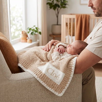 Couverture bébé personnalisée sur bébé dans les bras de papa