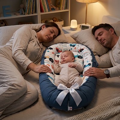 Deux parents touchant reducteur de lit bebe