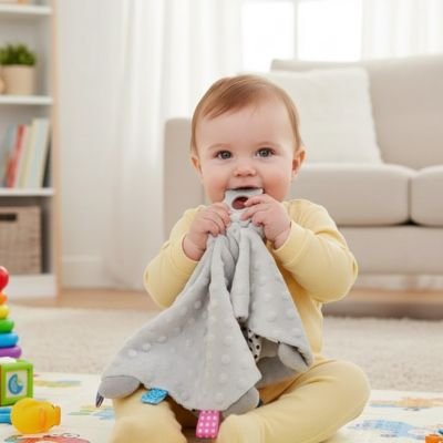 Doudou bebe gris dans bouche bébé