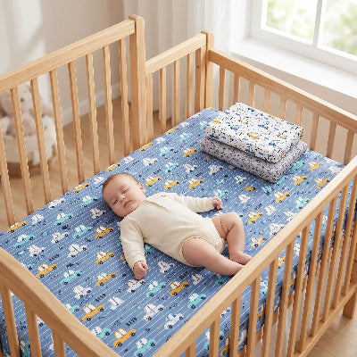 Ensemble de drap housse matelas pour berceau bleu