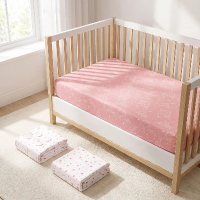 Ensemble de drap housse matelas pour berceau rose