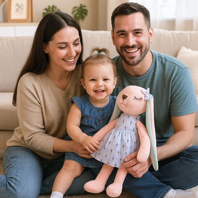 Famille tenant peluche lapin