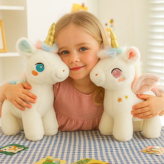 Fille entre deux licorne peluche