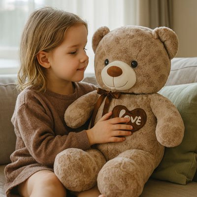Fille regarde ours en peluche