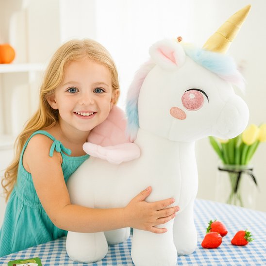 fille tient licorne peluche
