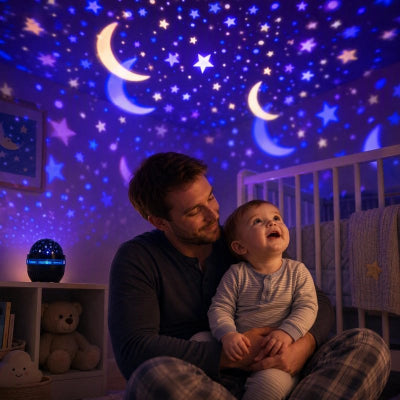 Garçon assit sur papa regarde le projecteur  pour enfant