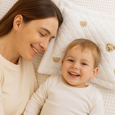 garcon couche sur oreiller a cote de maman