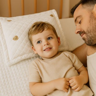 garcon couche sur oreiller a cote de papa