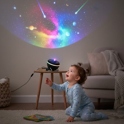 garçon observe les étoiles du projecteur enfant 