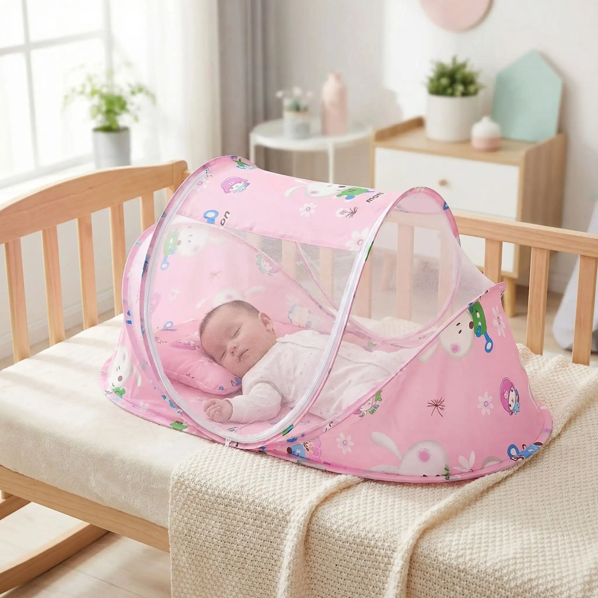 joli bebe dort dans lit moustiquaire bebe rose