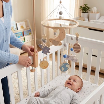 Maman à côté de berceau à mobile bebe 