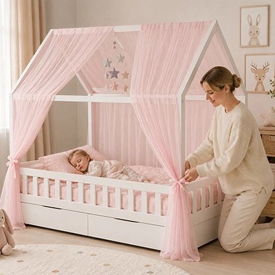 Maman arrange le ciel de lit enfant à bébé