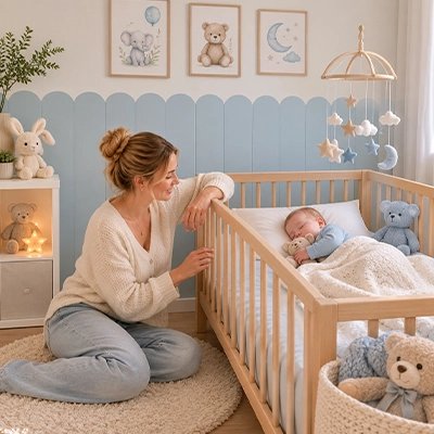 Maman assit à côté du stickers muraux chambre regardant bébé