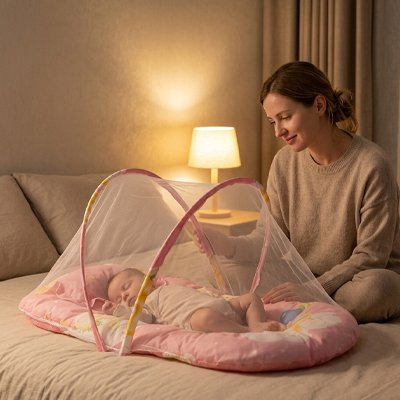 Maman assit côté de bébé dans lit moustiquaire bebe 