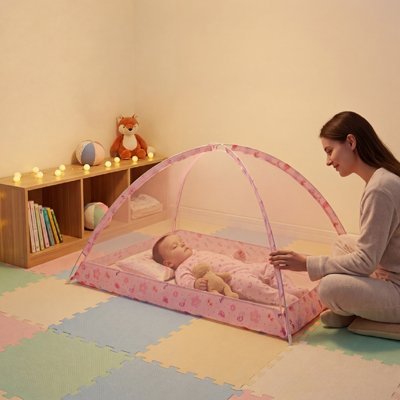 Maman berce bébé dans moustiquaire lit bébé 