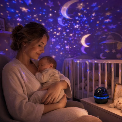Maman berce bébé et projecteur pour enfant allumé