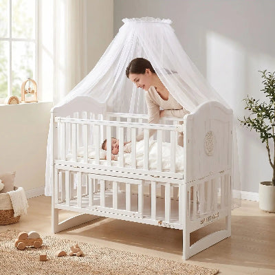 maman berce bebe sous berceau ciel de lit