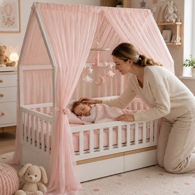 Maman berce bébé sous ciel de lit enfant