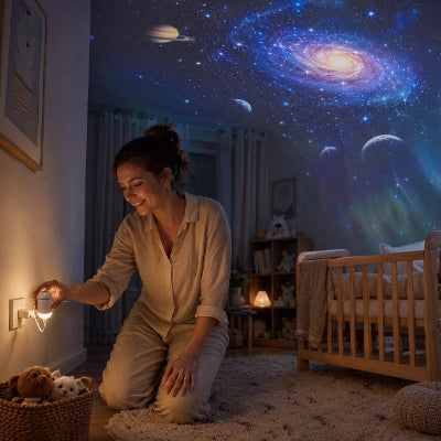 Maman branche le projecteur enfant