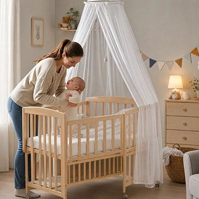 Maman dépose bébé sous berceau ciel de lit bebe