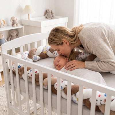 Maman donne calin bébé dans lit avec tresse de lit