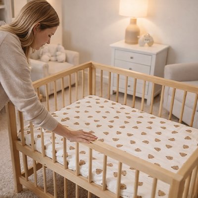Maman dresse drap housse lit bébé 