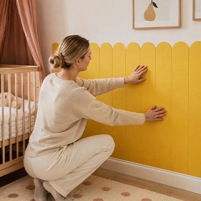 Maman entrain de fixer le stickers muraux chambre