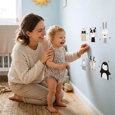 Maman et bébé admirent les stickers muraux
