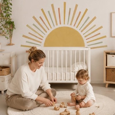 Maman et bébé jouent à côté des stickers muraux enfant