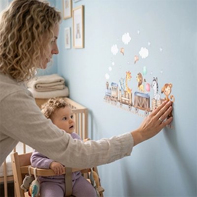 Maman et bébé placent stickers autocollants muraux