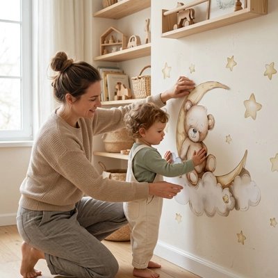 Maman et bébé placent stickers muraux pour chambre