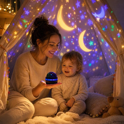 Maman et bébé regardent le projecteur pour enfant