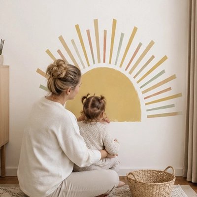 Maman et bébé touchent le stickers muraux enfant