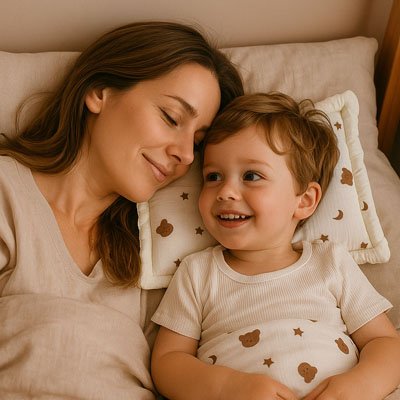 maman et garcon couchant sur oreiller bebe