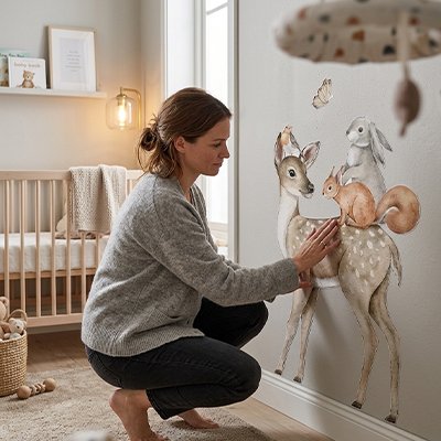 Maman fixe le stickers mureaux 